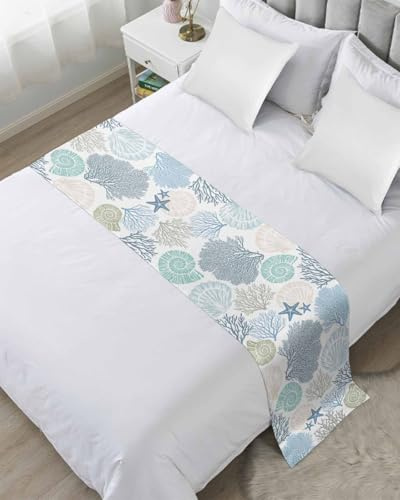 Blue Teal Coral Bed Runners for King Size Bed, Decorative Bed Throws for Foot of Bed, Summer Beach Starfish Coastal Modern Geometric Bed Runner Sofa Throw Bedding Scarf Protector Slipcover for Bedroom