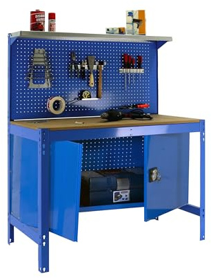 Simon Rack Banco de Trabajo Taller, Capacidad Carga 400 kg, 1445x910x610 mm, Mesa de Trabajo, Guarda Herramientas, Azul/Madera - BT3