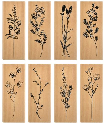 BUYGOO Holzstempel zum Basteln, 8 Stück Holzstempel Stempel, Pflanzen Stempel Blumen Holzstempel, Holzstempel Stempel Holz Blumen,Vintage Holzgummistempel, für DIY Craft Zeitschriften Geschenkanhänger