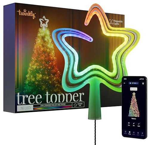 Twinkly Tree Topper, Bright Christmas Tree Topper, Star Topper with 76 Mappable RGB LEDs, USB Type C, Smart Multicolor LED Lights, Compatible with Alexa and Google Home, App Controlled