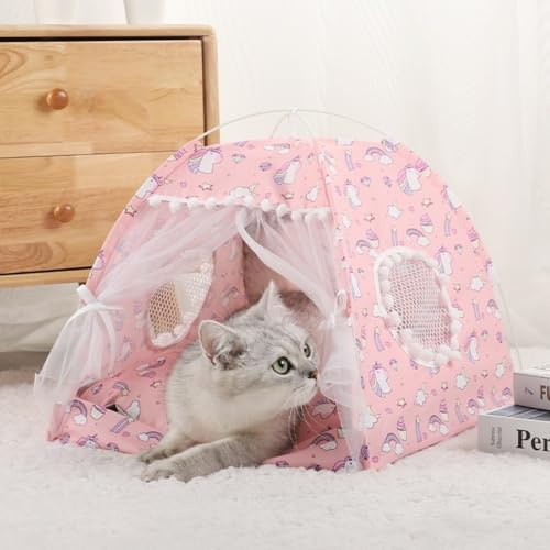 Dog House Cat Bed Tent Bow Lace Mesh Breathable Windows Unicorn Pony Butterfly Cartoon Curtains Indoor Outdoor Removable Portable Pet Teepe (Small,Pink Pony)
