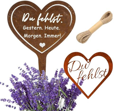 Sctmda Herz Grabdekoration 2 Stück - Grabschmuck Grabstecker Du Fehlst - Friedhofsdeko Anhänger Rost Deko Metall Gedenkstecker Grabdeko