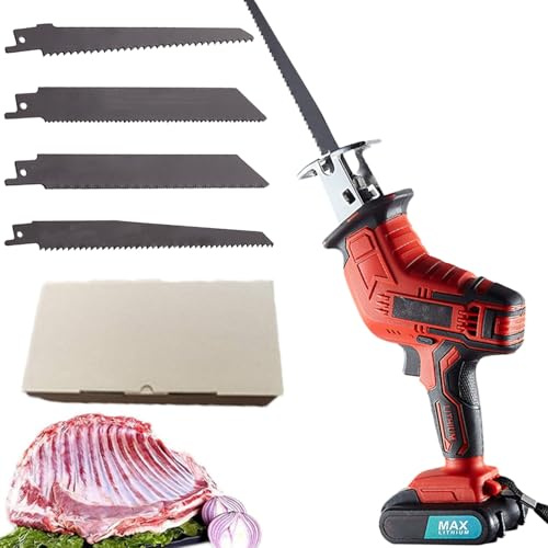 Scie à os sans fil, scie à os à viande 3000tr/min, machine de découpe d'os électrique 300W avec 4 lames de scie, lumière LED, batterie rechargeable 1,5Ah,machine de scie alternative pour porc/poisson