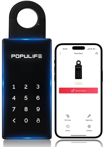 【Updated Version 2025】 Populife Smart Key Safe, Wireless Secure Outdoor Key Box, Electronic Bluetooth Lock Box with Multiple Code Types, IP66 Waterproof