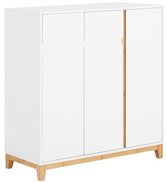 SoBuy Schuhschrank schmal Kommode Flurschrank – platzsparend mit Bambusbeinen, höhenverstellbarem Regal 3 Türen 2 Schubladen für Flur, Garderobe, Eingangsbereich – Weiß Natur 80x85x34cm – FSR190-WN
