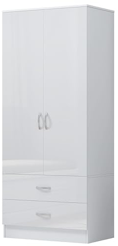 Nera Gloss 2 Door Wardrobe with Drawers 76cm Wide Wardrobe for Bedroom Shelves and Hanging Rail Soft Close Hinges Storage Cabinet (White Gloss (Matt White))