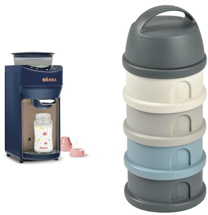 BÉABA, Chauffe Biberon Automatique et 1 Boite Doseuse 4 Compartiments, Instantané, Un Biberon en 20sec, Dose Mélange Distribue le Lait, Choix Température entre 22°et 70°, Milkeo Plus, Bleu