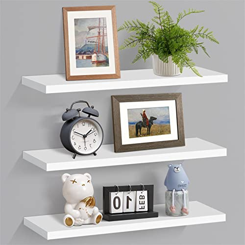 KOROI White Floating Shelves for Wall Set of 3,Wooden Wall Mounted Shelves Modern Decorative Display White Floating Wall Shelf for Living Room, Bedroom, Bathroom,Kitchen, Home Office, Laundry room