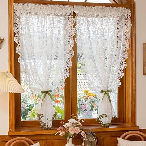 Devola Set di tende bistrò stile casa di campagna corte per cucina, tenda da bistrot in pizzo con ricamo, tende per finestre, tende vintage a mezza lunghezza, AxL 130x130 cm, bianco