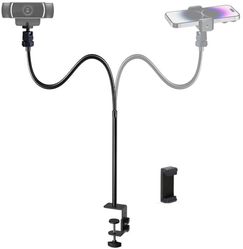 Tentucro Webcam Stand Phone Holder Desktop Adjustable Gooseneck & Pole Video Clamp Stand Camera Mount for Cellphones, Logitech Webcam C922 C930e C920S C920 C615, Etc. (1/4 Threads, 7.5cm Clamp)