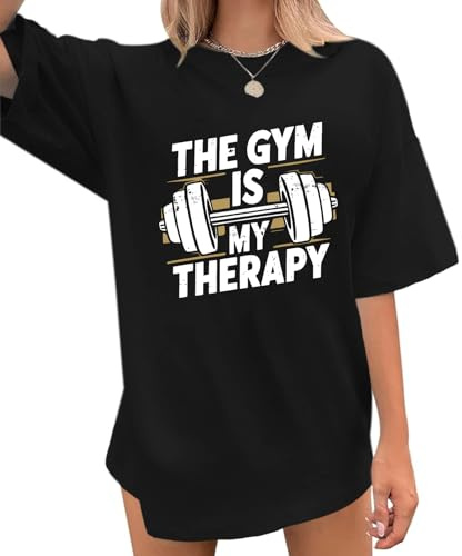 Lytiarul Funny Gym Shirts for Women Workout Weight Lifting Tshirts Weightlifting Graphic Oversized Gym is My Therapy Tee Tops(Black,L)