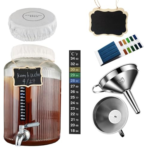 Lomejii Kombucha-sats med 5,5 l glasfermenterare och kran – komplett set med rostfri tratt, tyglock, temperaturmärke, dekorativ skylt och pH-testremsor – för hemmabryggare av nyttig fermenterad te