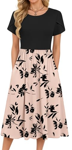MOLERANI Vestido de Verano para Mujer Elegante Vestido de Manga Corta con Cuello Redondo y Corte en A. Falda Midi Informal con Cintura elástica y Bolsillos Flor Sombra XL