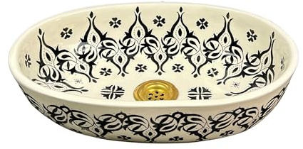 Brassatelier Handmade Ceramic Vessel Sink - Black & White Oval Countertop Washbasin - Hand-Painted Moroccan Boho Style for Bathroom Vanity (40x30cm = 16x12in)