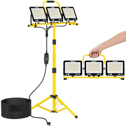 Justech Foco LED 3x 100W,Foco de Trabajo 27000LM con Trípode Telescópico y Cable de 5M,IP66 Impermeable,Luz de Trabajo 3000K/5000K/6000K para Obras