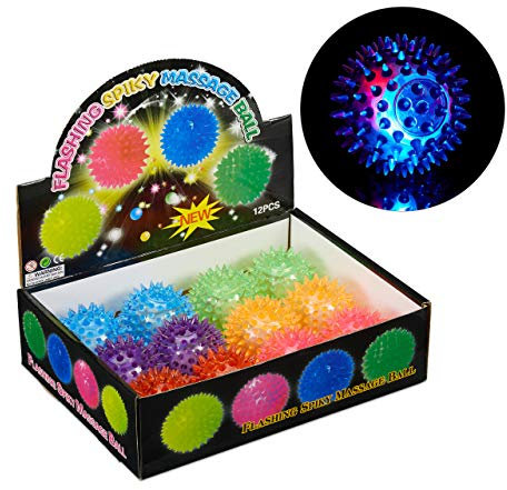 Relaxdays 24 x LED Igelball, mit Noppen, leuchtender Flummi, Blinkender Stachelball, Noppenball, Ø 6,5 cm