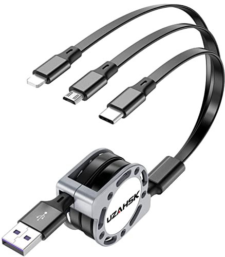 UZAHSK Multi-USB RÉTractable Câble De Charge [1.2m/3A] Paquet De 1 Câbles De Charge USB 3 en 1,Par Avec Port ip/Micro/Type-C,Pour Phone 17/16/15/14/13/12/11/X/8/7/Galaxy/Honor