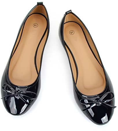 Dernolsea Womens Ballet Flats, Patent Leather Bow Round Toe Foldable Flat Slip On Pumps Dolly Ballerina Shoes Black Size 7