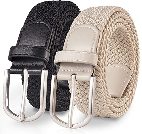 TANGCHAO 2 Stücke Stoffgürtel Stretchgürtel Elastik Flechtgürtel Geflochtener und Elastischer Dehnbarer Gürtel für Damen und Herren Breite 3.3cm Schwarz+Beige 105cm