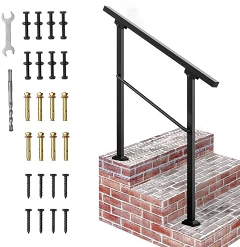 Signstek Handrails for Outdoor Steps, 3 Step Hand Rail Fit 2 or 3 Steps Outdoor Stair Railing, Metal Porch Railing, Deck Handrail, Black Wrought Iron Hand Rails kit for Concrete, Porch Steps, Upgrade