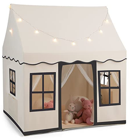 GYMAX Kids Tent, Indoor Children Playhouse with Washable Mat, Star Lights & Windows, Large Play Tent for 3-10 Years Old Girls Boys (Beige+Black)