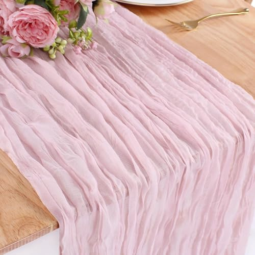 Kesfey 13FT Pink Cheesecloth Table Runner 90x400cm Long Boho Gauze Table Runners Cheese Cloth for Wedding Party Bridal Baby Shower Birthday Dinner Table Holiday Decorations