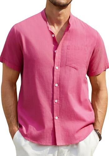 Enlision Chemise Fushia Homme en Lin Été Manche Courte Hommes Henley Chemises Classique Taille Normale en Boutons de Casual Plage 3XL