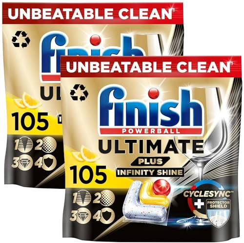 Finish Dishwasher Tablet, Ultimate Plus Infinity Shine, 210 Tabs (105 x 2pck), Lemon Sparkle, Tough on Grease, Our Most Intensive Clean & Shine, Effective for Short Eco Cycle