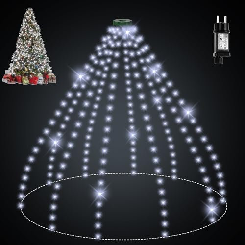 Luci Albero di Natale 200 LED 2M 10 Fili 8 Modalità IP65 Mantello Luci Natale Albero Luci Albero di Natale a Cascata con Anello Luminarie Natalizie per Interno Esterno bianco