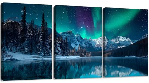 YWQQ 3 Pieces Canvas Wall Art Prints, Aurora Scenery Paintings, 30x40cm Home Wall Decoration,Modern Picture Framed Aurora Artwork Paintings for Bedroom Living Room
