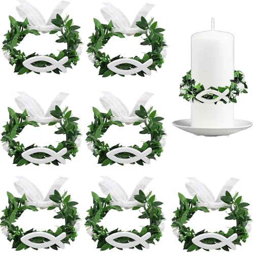 XineYuor 8PCS Bougie de Baptême Décoratives Cierge Bapteme Bougie de Communion Blanche Sans Gouttes Anneaux de Bougies en Feuilles Poisson pour Communion Baptême Mariage