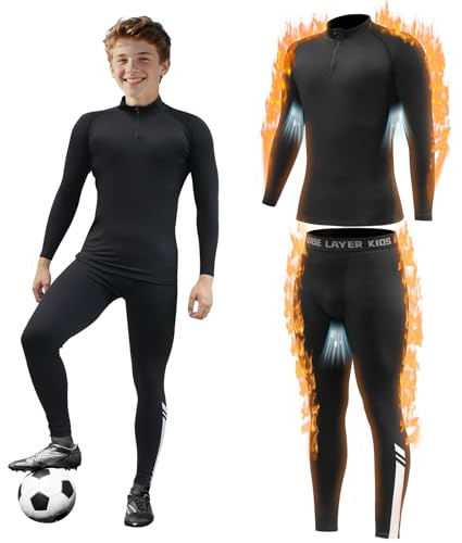 Kids Thermal Base Layer Set, Fleece Lined Athletic Football Skins Compression Set with Side Ribbed Design, Long Sleeve Top and Leggings Warm Base Layer Kids for Sport Football Biking Ski & Daily Life