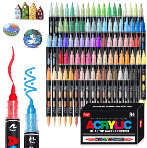 Vakki 84 Acrylstifte Doppelspitze (feine Spitze und Pinsel) für wasserdicht, Stoff, Leinwand, Glas und verschiedene Oberflächen, Acrylstifte für steine wasserfest - Ideal für DIY-Handwerksprojekte