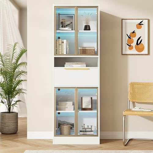Azkoeesy Vitrina con iluminación LED y 4 Puertas de Cristal, con cajón, 60x35x180 cm, Aparador para salón, Comedor, Oficina, Blanco con decoración Dorada