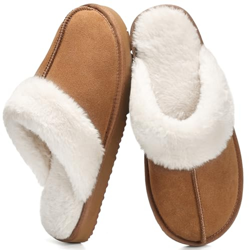 Fallzor Hausschuhe Damen Herren Faux Wildleder Slip On Warmen Winter Pantoffeln Damen Flache Plüsch Hausschuhe with Memory Foam im Freien Bequemes Weiches Futter Maultier
