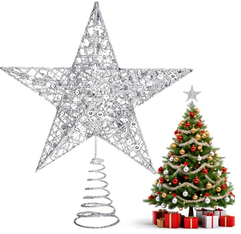 NOCHME Puntale per albero di Natale a forma di stella, 15 cm di larghezza, 4 cm di profondità, extra pieno, 3D, scintillante, argento