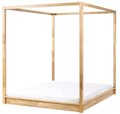 Beliani Lit à Baldaquin Minimaliste en Bois 160 x 200 cm Meuble de Chambre Marron Clair Herliere