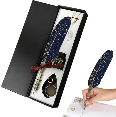 Rrlihjgu Juego de Pluma de Ave y Tintero | Herramienta de Escritura Vintage - Plumas De Inmersión Retro | Para Escritores Autores Lectores Pintores Estudiantes Profesores Artistas Coleccionistas