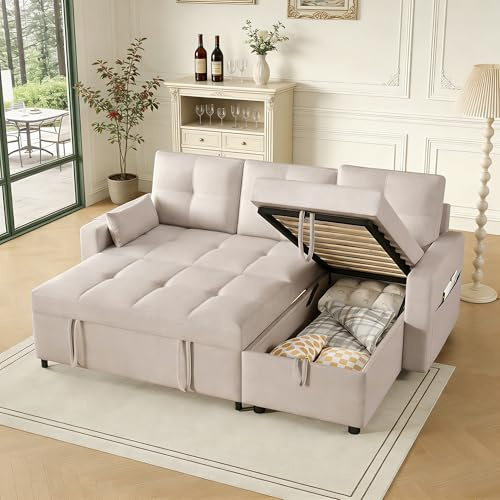 Lekvvied Divano angolare a L con letto estraibile e portabicchieri pieghevole,divano componibile a 3 posti con funzione letto,divano trasformabile con vano contenitore,divani modulare a L,lino,beige