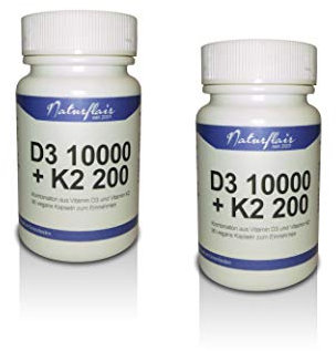 Vitamin D3 10000 I.E. (Cholecaliferol) + Vitamin K2 MK7 (natürliches Natto Menaquinon MK-7) 200mcg - 2 Dose á 90 Kapseln (180 vegane Kapseln) - Hochdosiertes Vitamin D3 + K2 - hohe Bioverfügbarkeit