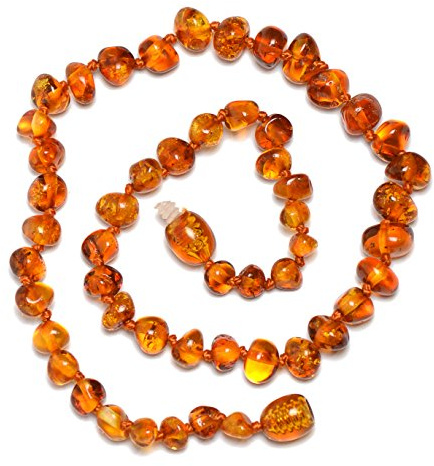 Genuine Baltic Amber Necklace - Polished Beads - Cognac Color - Knotted Between Beads - 34cm Long