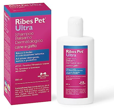 NBF Lanes | Ribes Pet Ultra Shampoo Balsamo Dermatologico Cane e Gatto 200 ml, Riduce il Rischio di Colonizzazione Batterica, ad Azione Detergente, Lenitiva e Protettiva, pH 6,5