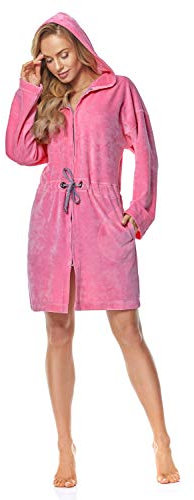 L&L - 9118 Bademantel mit Reißverschluss Damen weicher, Warmer und Langer Bademantel. Ganzkörperansicht, Reißverschluss, Hausmantel mit Kapuze für Damen. (Pink, X-Large)