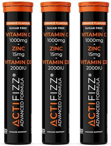 3X ActiFizz Vitamin C 1000mg, Zinc + Vitamin D3 | 60 Effervescent Tabs | Orange Flavour | Immunity Boost | Halal Certified