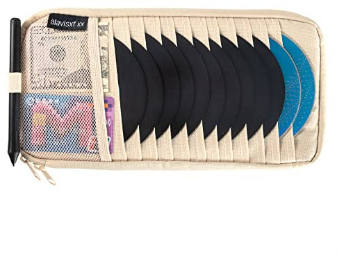 alavisxf xx Car CD Holder, DVD Vehicle Visor Storage Orangizer, Large Capacity CD Visor Case with 12 Sleeves, 1 Mesh Pocket, 1 Pen Holder, 1 Back Inner Pocket(Apricot)