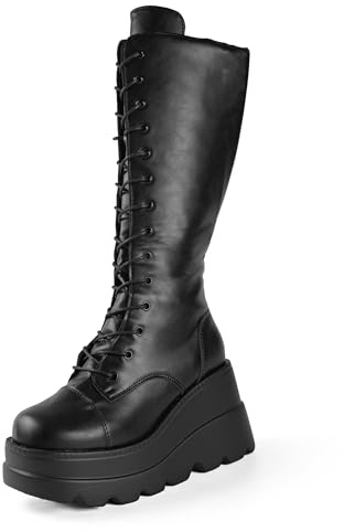 Gothniero Women Black Platform Boots Combat Mid Calf Booties Goth Shoes Chunky Heel Gothic Rave Boots Wedge Round toe Lace Up Boots Size US 5.5-11