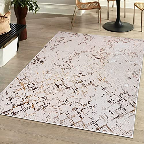 Mazovia Modern Teppich Wohnzimmer, Kurzflor elegant glänzender - Abstrakt Design - Wohnzimmerteppich in Beige Creme mit Gold 80 x 150 cm