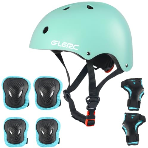 Glerc Juego de equipo de protección para casco, rodilleras, coderas y muñequeras para niños de 3 a 8 años, casco de monopatín ajustable, multideportes, para patineta, ciclismo, patinaje, talla S