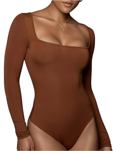 Rongseng Body Damer Elegant Bodysuit Toppar Sexig Fyrkantig Uringning Bodys Smal Dambody Underbody Stretch, BRONS, L
