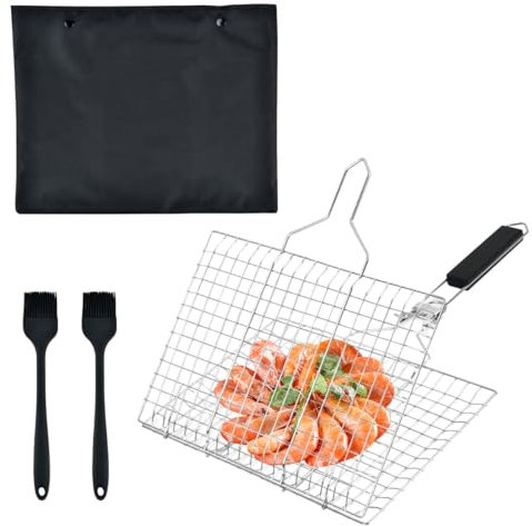 Cesta de Barbacoa de Acero Inoxidable,Plegable, para Asar Pescado,Carne, Verduras,Con asa Cesta de barbacoa,Grado Alimentario Parrilla Pescado Barbacoa,Cesta Para Barbacoa Portátil,con 2 Cepillos